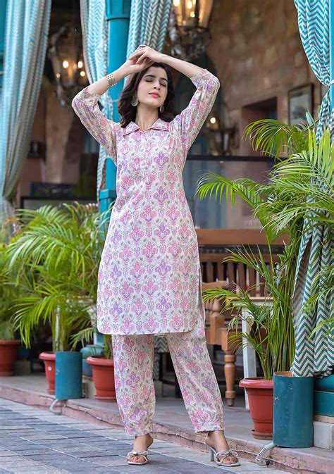 Pink & Purple Floral Print Shirt Style Kurta Hem Cuffed Pant Set | Buy ...