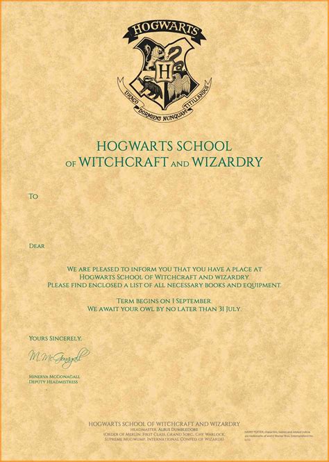 Free Printable Hogwarts Acceptance Letter - Printable Board Games