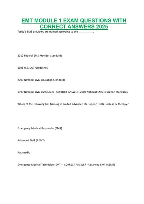 EMT MODULE 1 EXAM QUESTIONS WITH CORRECT ANSWERS 2025 - EMT-B ...