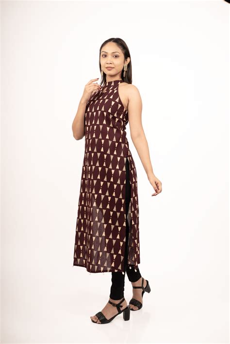 Shop Maroon Printed Cotton Halter Neck Kurta for Women Online