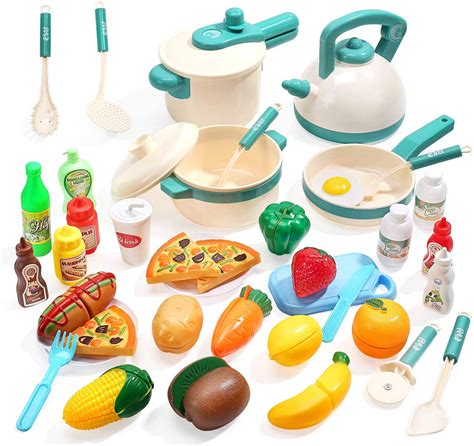 HOLYFUN 40PCS Kids Kitchen Pretend Play Toys Cooking Set with Pots and ...