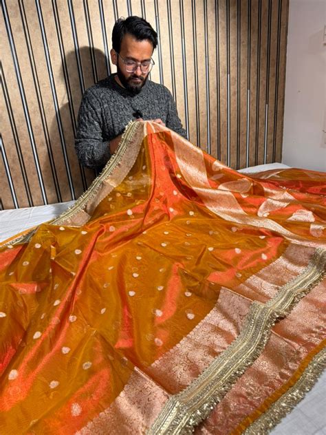 Metallic Orange Tissue Silk Designer Lace Attached Banarasi Saree ...