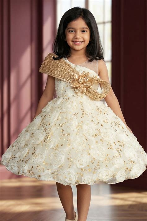 Girls Cream Floral Party Frock with 3D Rosette Work And Statement Bow ...