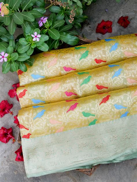 Handloom Banarasi Katan Silk Chidiya Saree with Contrast Border – Khinkhwab