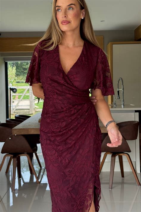 Natasha Angel Sleeve Wrap Midi Dress In Berry Lace
