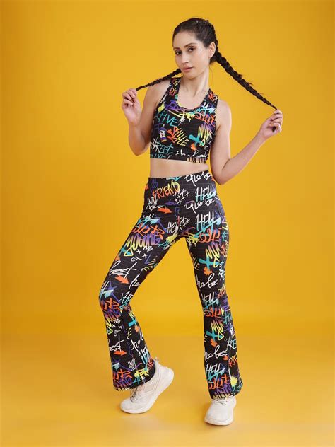Women Flared Printed Yoga Pants and Matching Sports Top Co-ord Set - H ...