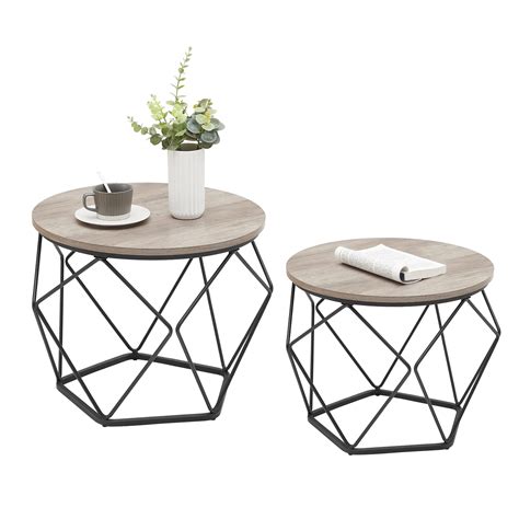 VASAGLE Small Coffee Table Set of 2, Round Coffee Table with Steel ...