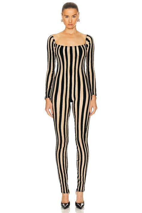 LaQuan Smith Off Shoulder Striped Catsuit in Black | FWRD