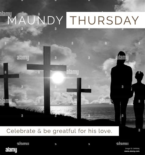 Composition of maundy thursday text over mother and son silhouettes and crosses Stock Photo - Alamy