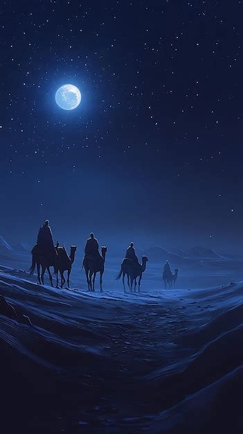 A group of people riding camels in a desert at night | Premium AI ...