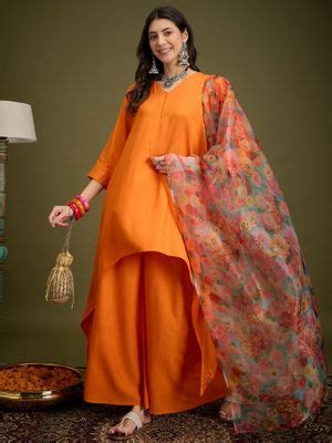 Buy InWeave Orange Piping Neck Kurta with Palazzo & Dupatta (S) Online