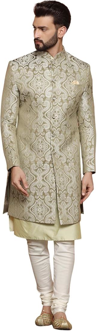 KISAH Men's Ethnic Wear Silk Blend Woven Design Regular Fit Olive-Green ...