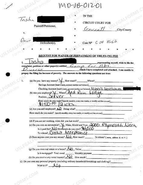 Maryland Request For Waiver Of Prepayment Of The Filing Fee | US Legal ...