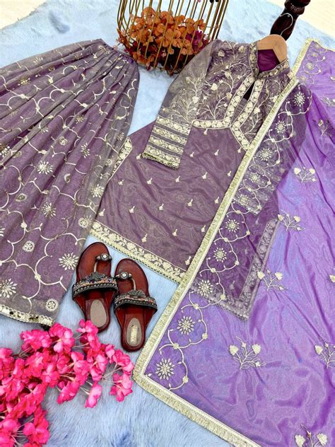 Lavender Premium Designer Readymade Twil Gold Net Top