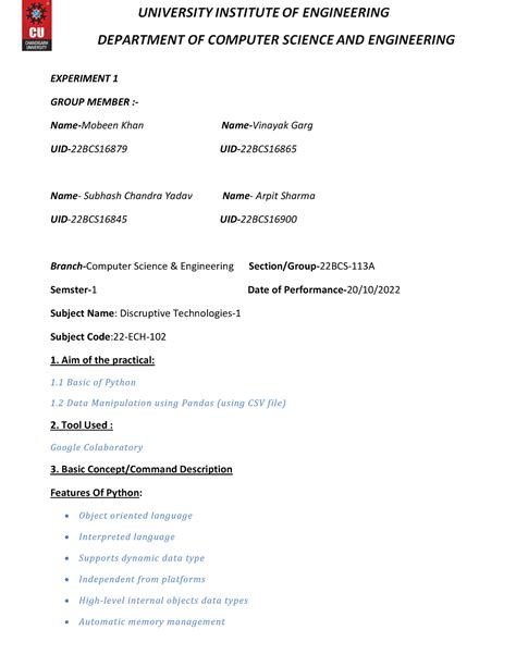 DT assignment for pandas - EXPERIMENT 1 GROUP MEMBER :- Name-Mobeen ...