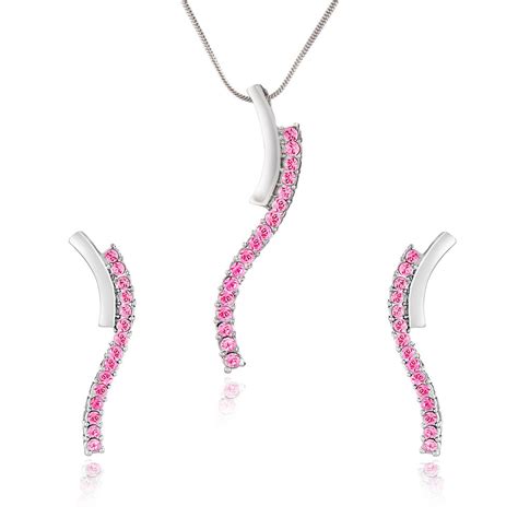 Mahi Rhodium Plated Elegant Curve Pendant Set with Pink Crystals for ...