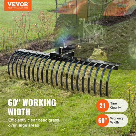 VEVOR Tow Behind Landscape Rake, 60" Tow Dethatcher with 21 Steel Coil ...