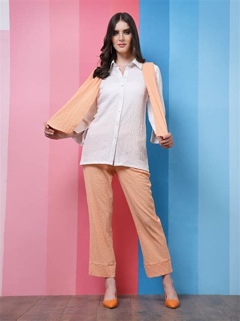 Athena White & Peach Self-Design Shirt Collar Shirt With Trousers & Sc ...