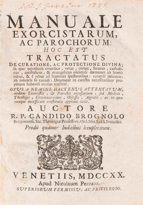 Brugnolo , Candido - Manuale exorcistarum ac parochorum.... 1720 ...