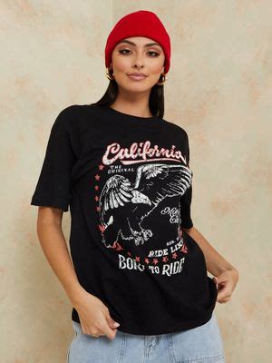 Buy Styli Black Oversized California Eagle Graphic Longline T-Shirt Online