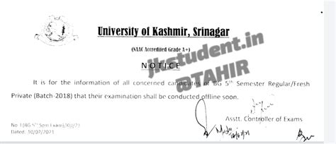 University Of Kashmir Mode Of Examination Notification For B.G 5th Semester