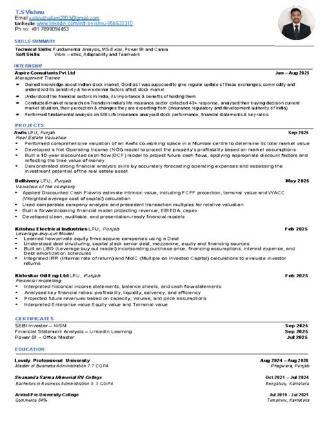 Vishnu's Finance CV - Management Trainee & Valuation Projects - Studocu