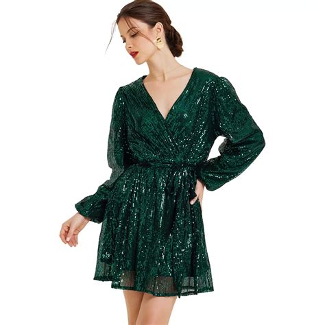 Glitter Sequin Dress For Women's V Neck Long Sleeve Tie Waist A-line ...