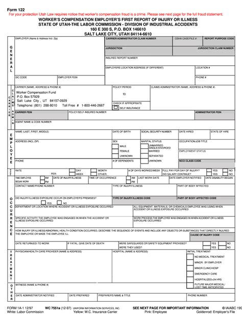 Utah Worker’s Compensation Employer’s First Report of Injury or Illness ...
