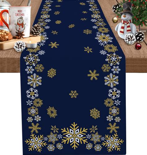 Amazon.com: Gold White Snowflakes Christmas Table Runner, Winter Xmas ...