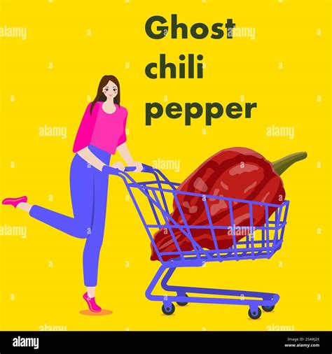 A woman holds cart with Ghost chili pepper. Isolated vector ...