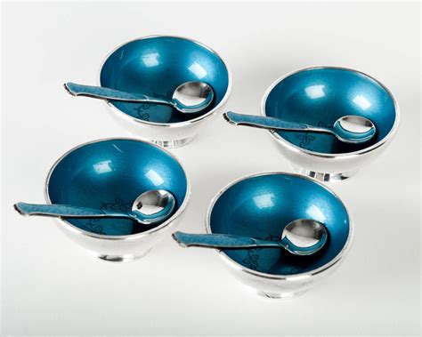 Antique Enameled Sterling Silver Salt Cellars with Spoons at 1stDibs