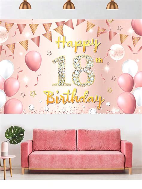 18th Happy Birthday Backdrop Banner For Women Pink Balloons Birthday ...