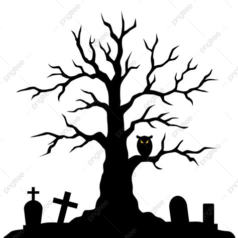 Spooky Tree Vector Art PNG, Spooky Tree Silhouette With Owl And Graves, Spooky Drawing, Tree ...