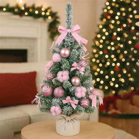 2 feet pastel Pink Swirl Snowy Bushy Christmas Tree filled with balls