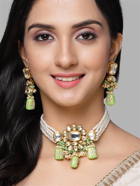 KARATCART Gold Plated Polki Choker Light Green Jewellery Set for Women