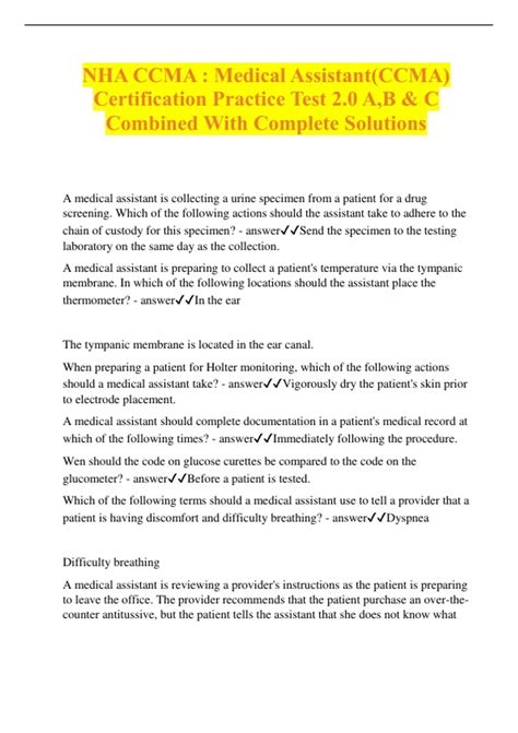 NHA CCMA : Medical Assistant(CCMA) Certification Practice Test 2.0 A,B ...
