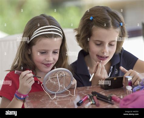 Girls, twins, 8 years, make up, fun, portrait, model released, children ...