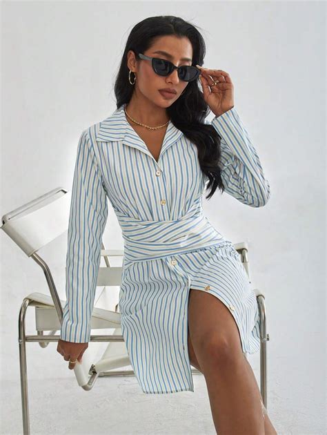 SHEIN Essnce Striped Long Sleeve Shirt Collar Dress | SHEIN USA