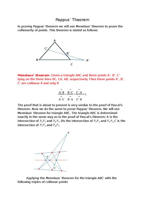 Poof of Pappus' theorem - Pappus’ Theorem In proving Pappus’ theorem we ...
