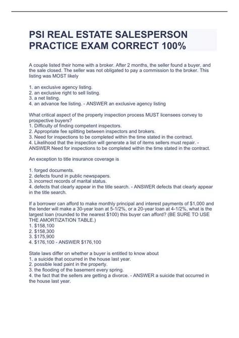 PSI REAL ESTATE SALESPERSON PRACTICE EXAM CORRECT 100% - PSI REAL ...