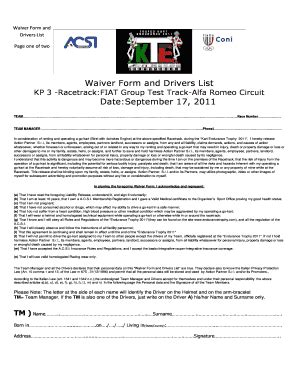 Fillable Online kartrace Waiver Form and Drivers List - ITalian Kart ...