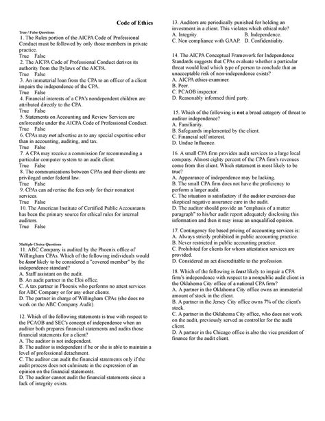 Code of Ethics - Code of Ethics True / False Questions 1. The Rules ...