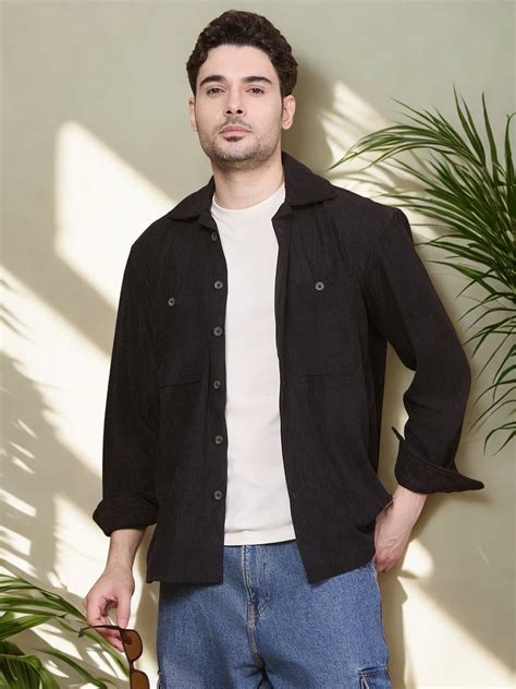 Relaxed Fit Camp Collar Corduroy Shirt with Double Pockets - Black ...