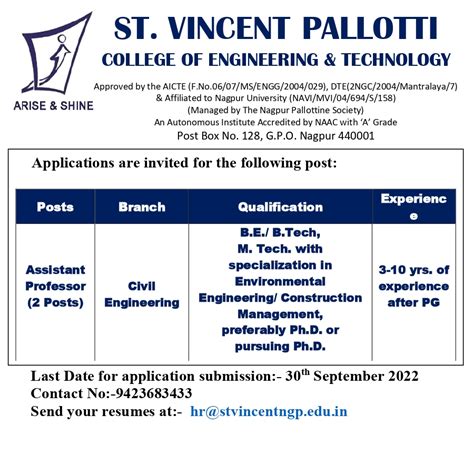SVPCET – St. Vincent Pallotti College of Engineering & Technology : VACANCY