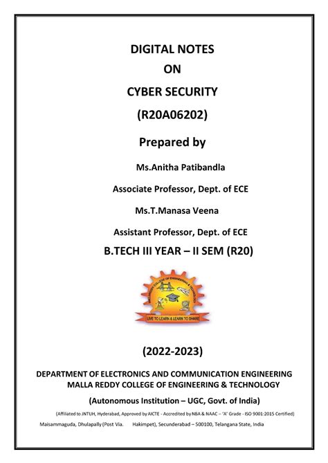 Cybersecurity notes - cyber security - DIGITAL NOTES ON CYBER SECURITY ...