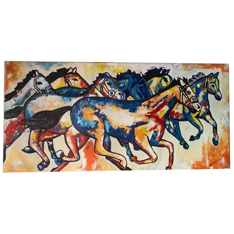 The Seven Running Horses Canvas Painting by Artist Ashok Jadav 48 x 96 Inch