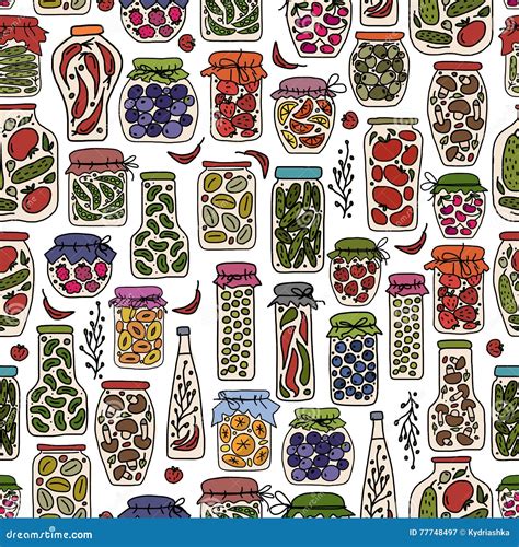 Seamless Pattern with Pickle Jars Fruits and Vegetables Stock Vector ...