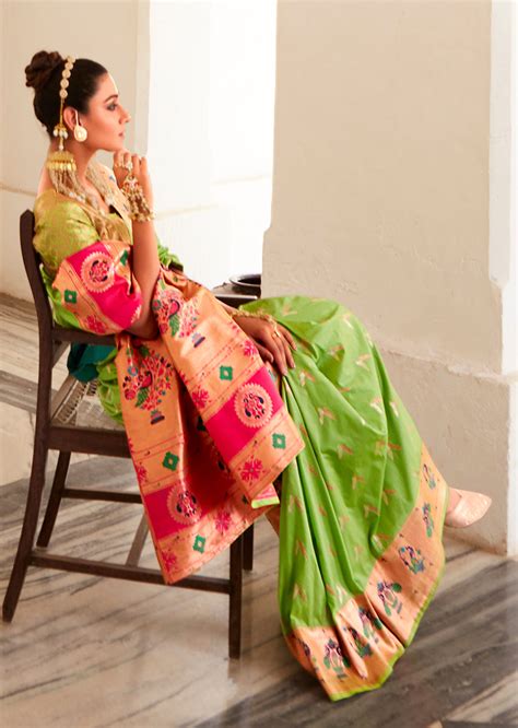 Parrot Green Copper Zari Woven Traditional Paithani Silk Saree ...