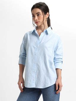 Buy DL WOMAN Light Blue Oversized Vertical Stripes Pure Cotton Oxford ...