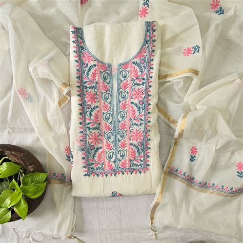 LUCKNOWI- Mul Chanderi White With Blue And Pink Embroidery Design Top ...